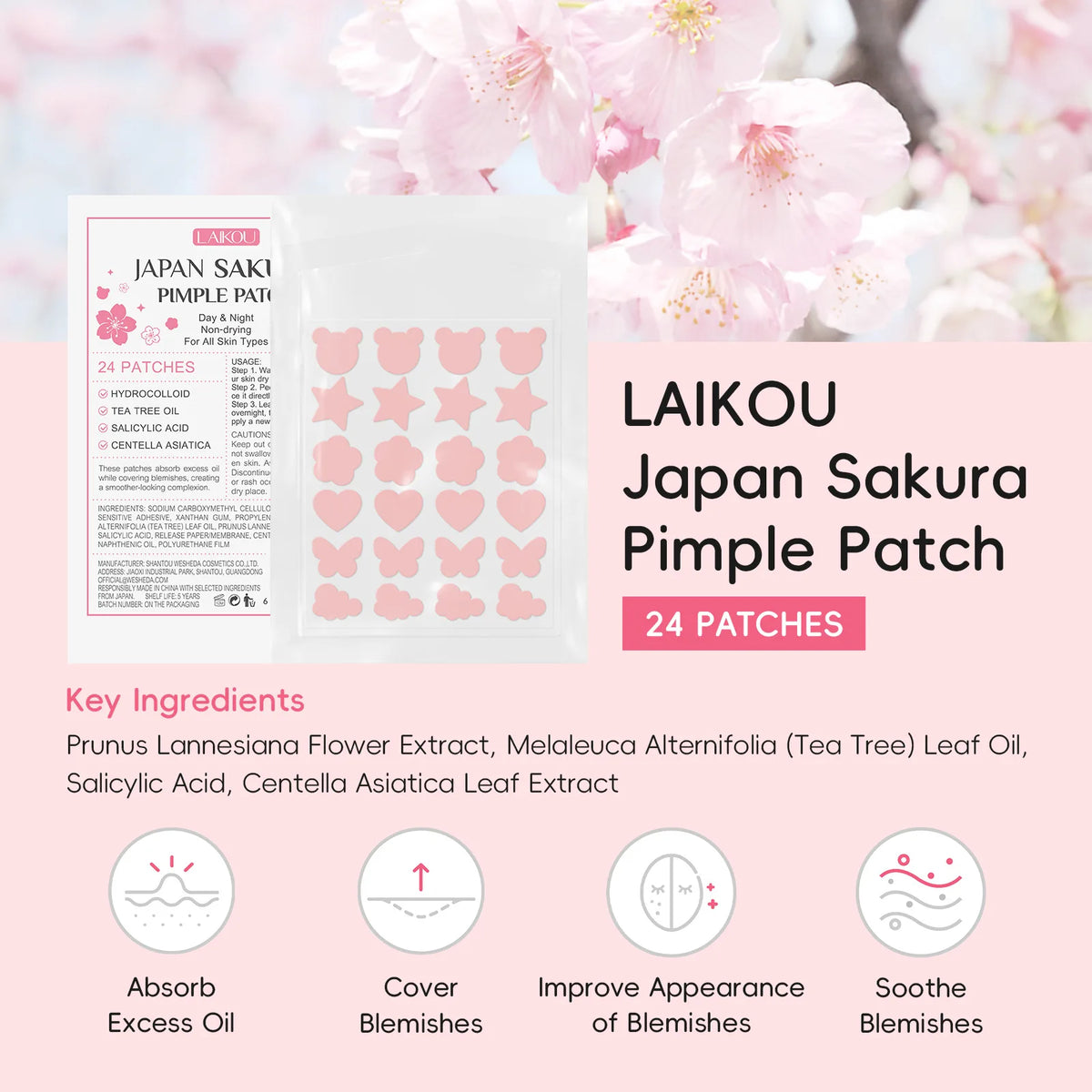 LAIKOU Sakura Hydrocolloid Pimple Patches – 24 Cute Shapes Pimple Patches QXL