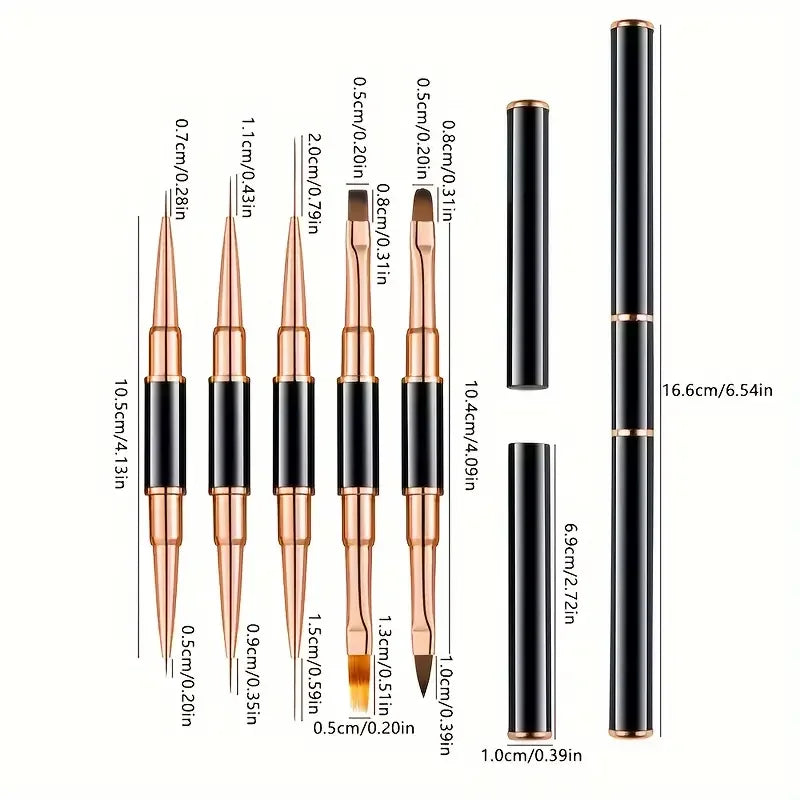 5-Pack Dual-End Nail Art Liner Brush | Fine Tip & Striper Set Nail Art Brush Set QXL Black