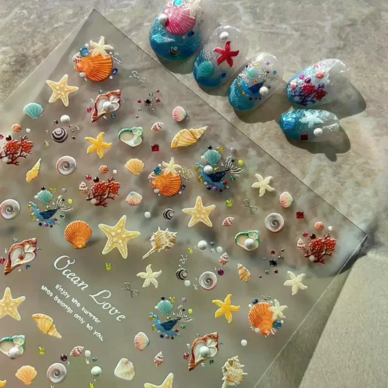 3D Relief Starfish & Shell Nail Stickers | Summer Nail Decals Nail Art Stickers QXL