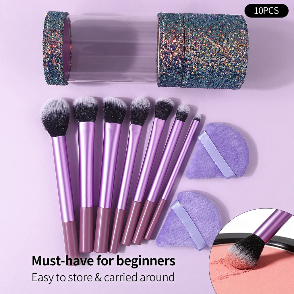 10-Pc Purple Makeup Brush Set with Powder Pads & Storage Makeup Brush Set QXL