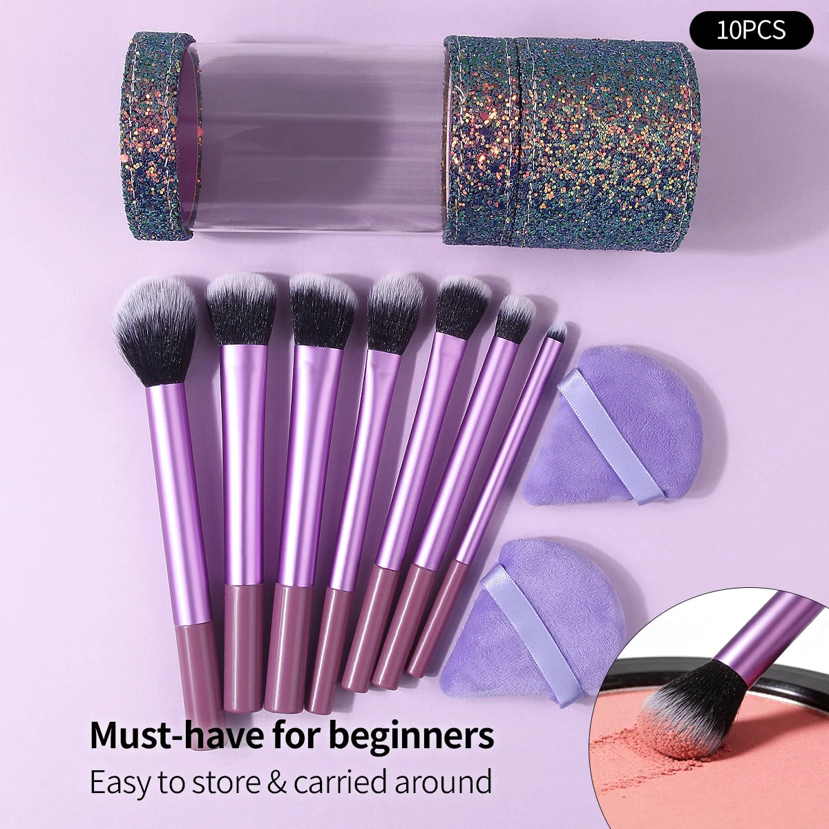10-Pc Purple Makeup Brush Set with Powder Pads & Storage Makeup Brush Set QXL