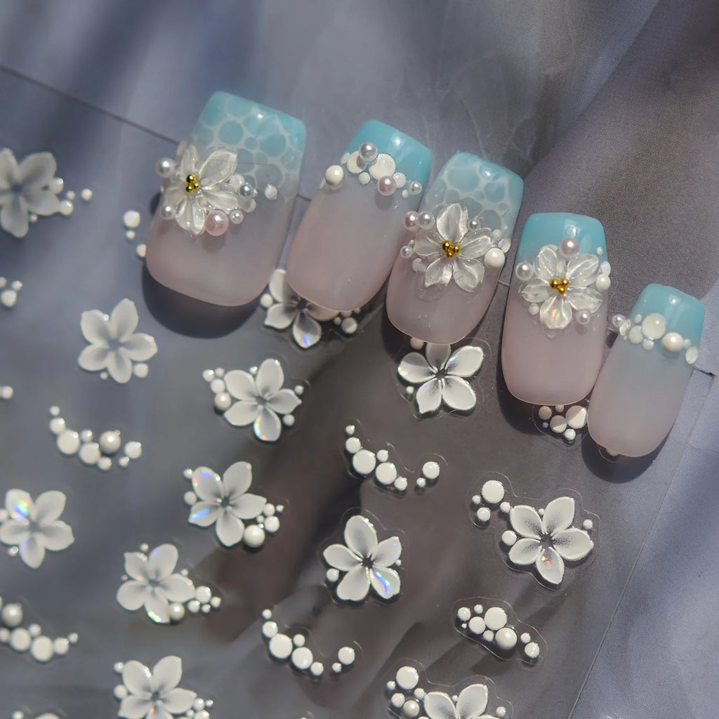 5D Pearlescent Floral Nail Stickers | Iridescent Self-Adhesive Nail Art Stickers QXL