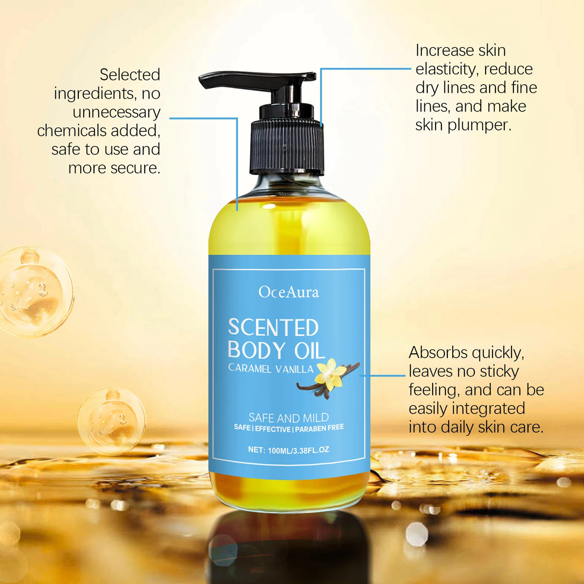 OceAura Caramel Vanilla Body Massage Oil | 100ml Hydrating Skin Body Massage Oil QXL