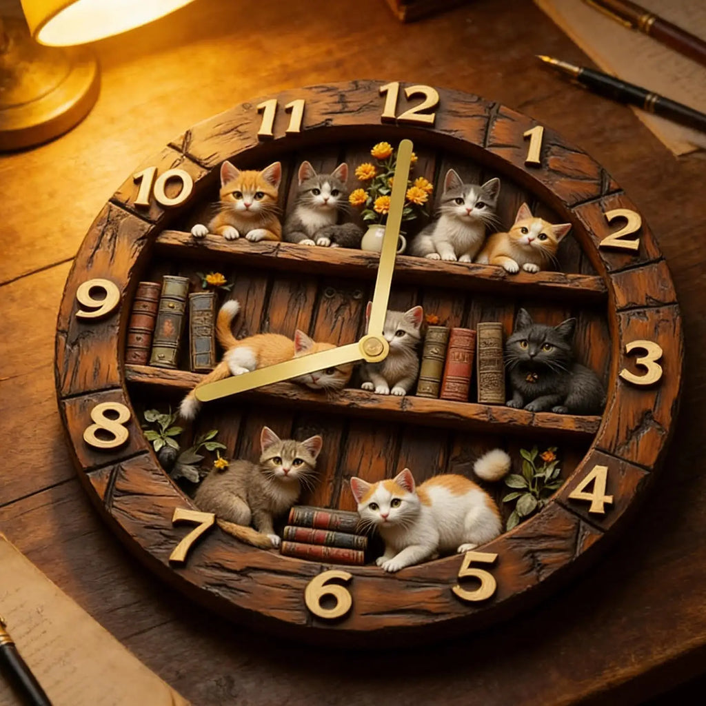11.81" Cat Theme Wooden Wall Clock | Silent Sweep Movement Decorative Wall Clock QXL