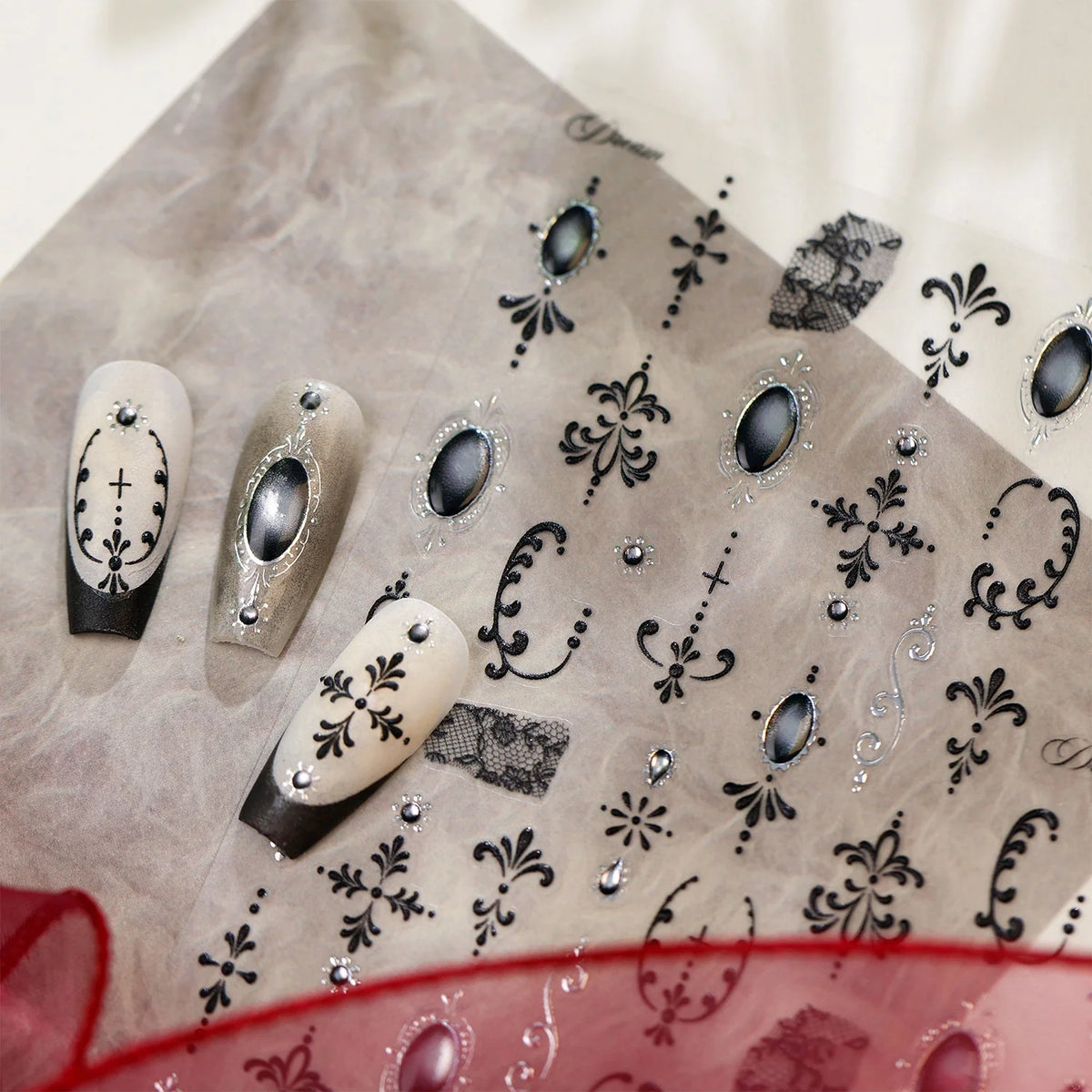 Vintage Black Lace Gem 5D Nail Stickers | Self-Adhesive Decals Nail Art Stickers QXL
