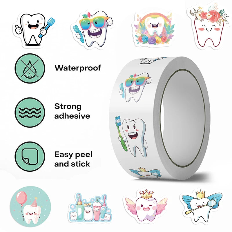 500 Cartoon Tooth Stickers Roll | Kids Dental Reward Stickers Reward Sticker Roll QXL