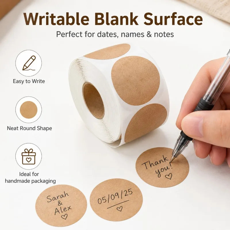 500-Pack Kraft Round Label Stickers | Writable Blank Seals Roll Kraft Label Stickers QXL