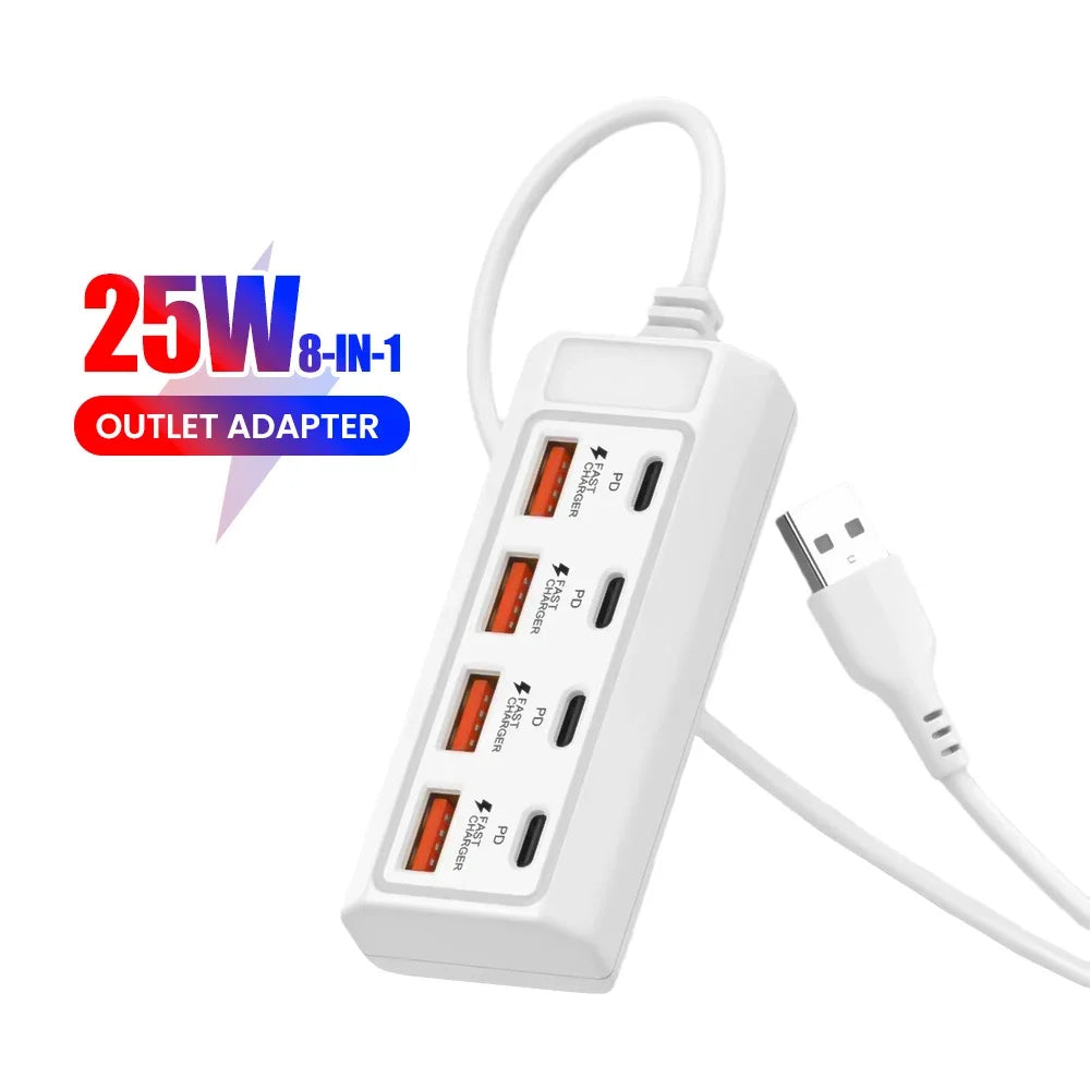 8-in-1 USB Charging Station 25W PD Multi-Port Desktop Hub Multi-Port USB Charger QXL
