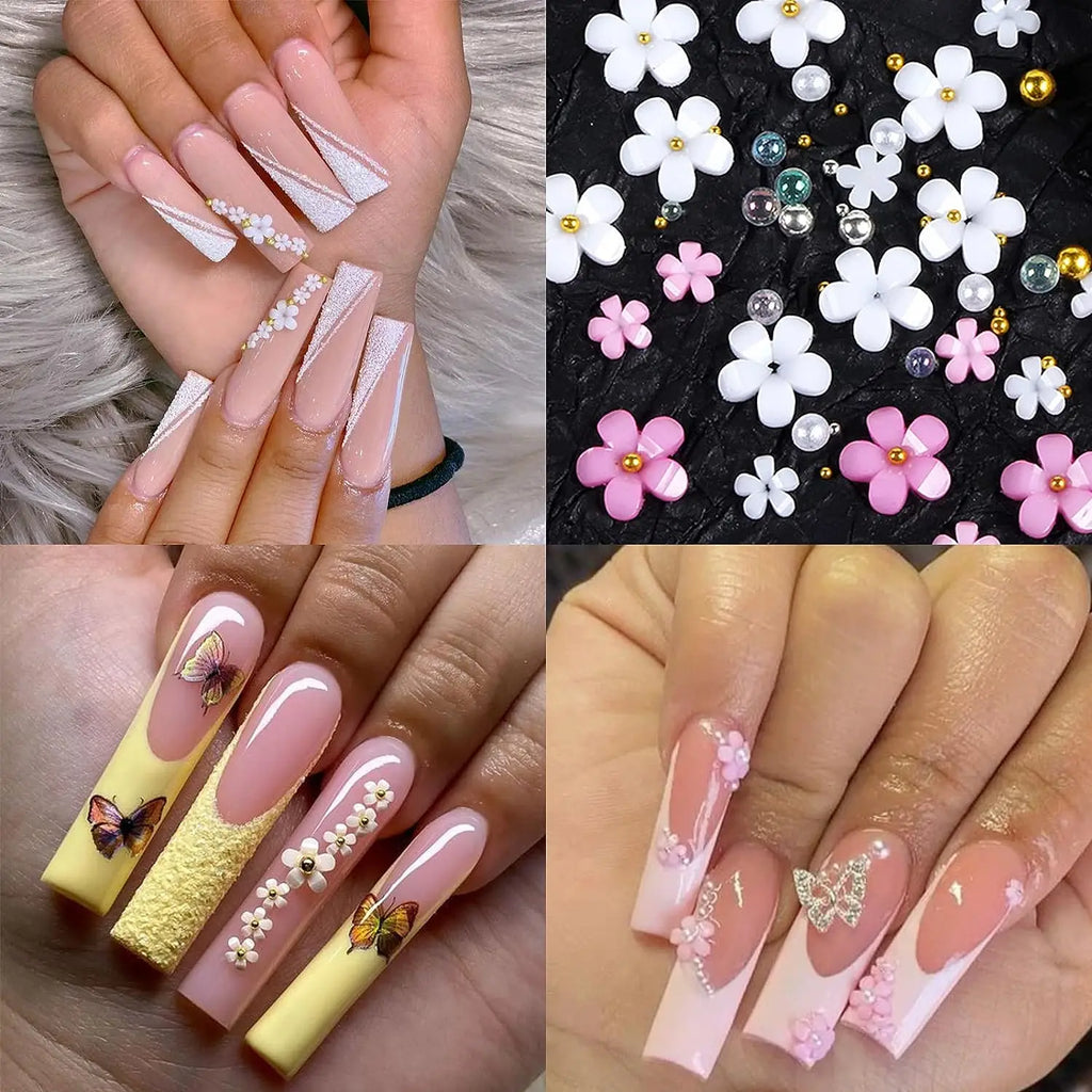 3D Flower Nail Art Charms – Kawaii Resin Pink & White Set 3D Nail Art Charms QXL