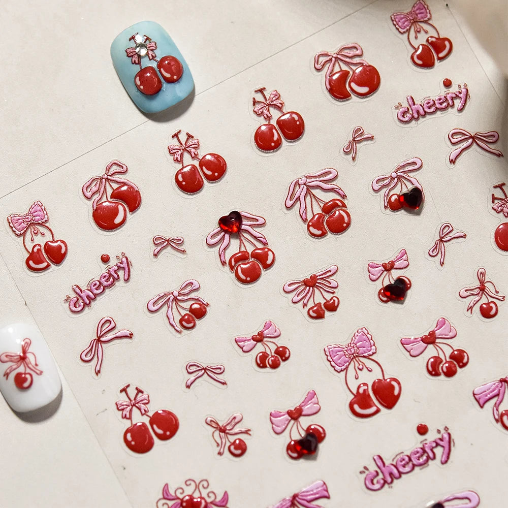 5D Cherry Bowknot Nail Art Stickers | Crystal Rhinestone Decals Nail Art Stickers QXL