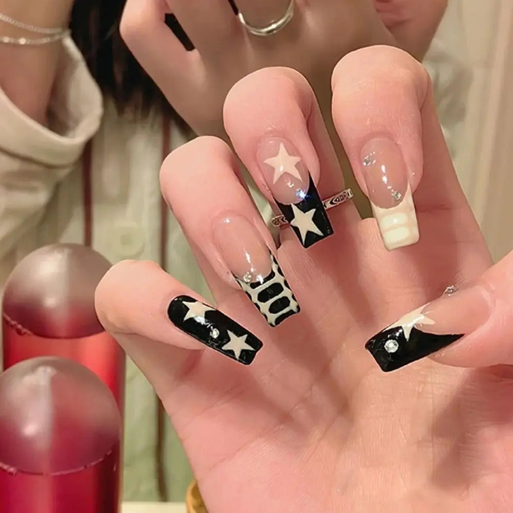 Long Ballerina False Nails | Star Purple Glitter French Tips 24pc False Nail Tips QXL