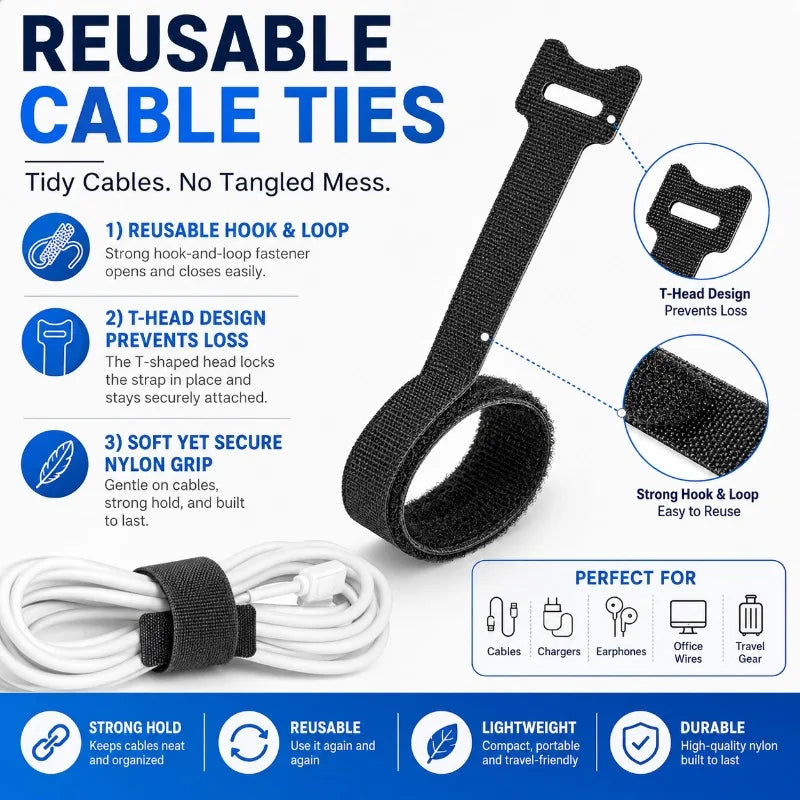 Reusable T-Head Hook & Loop Cable Ties | Nylon Cord Organizer Cable Tie Straps QXL