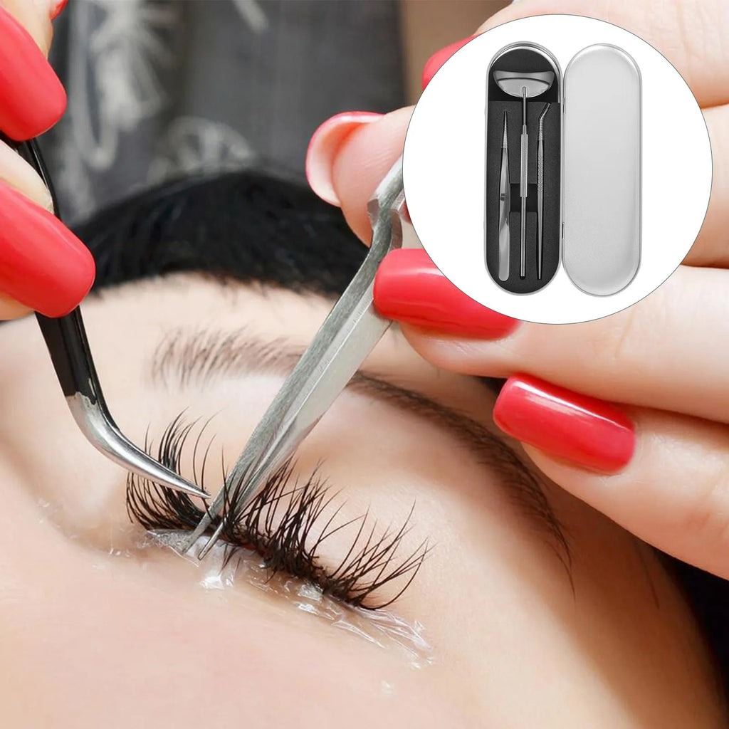 Eyelash Extension Kit – Steel Tweezers, Stick & Anti-Fog Mirror Lash Extension Tool Set QXL