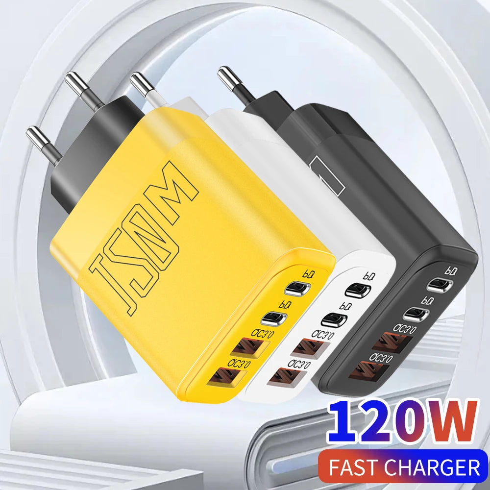 120W 4-Port USB-C PD & QC3.0 Fast Wall Charger Adapter Multi-Port Wall Charger QXL