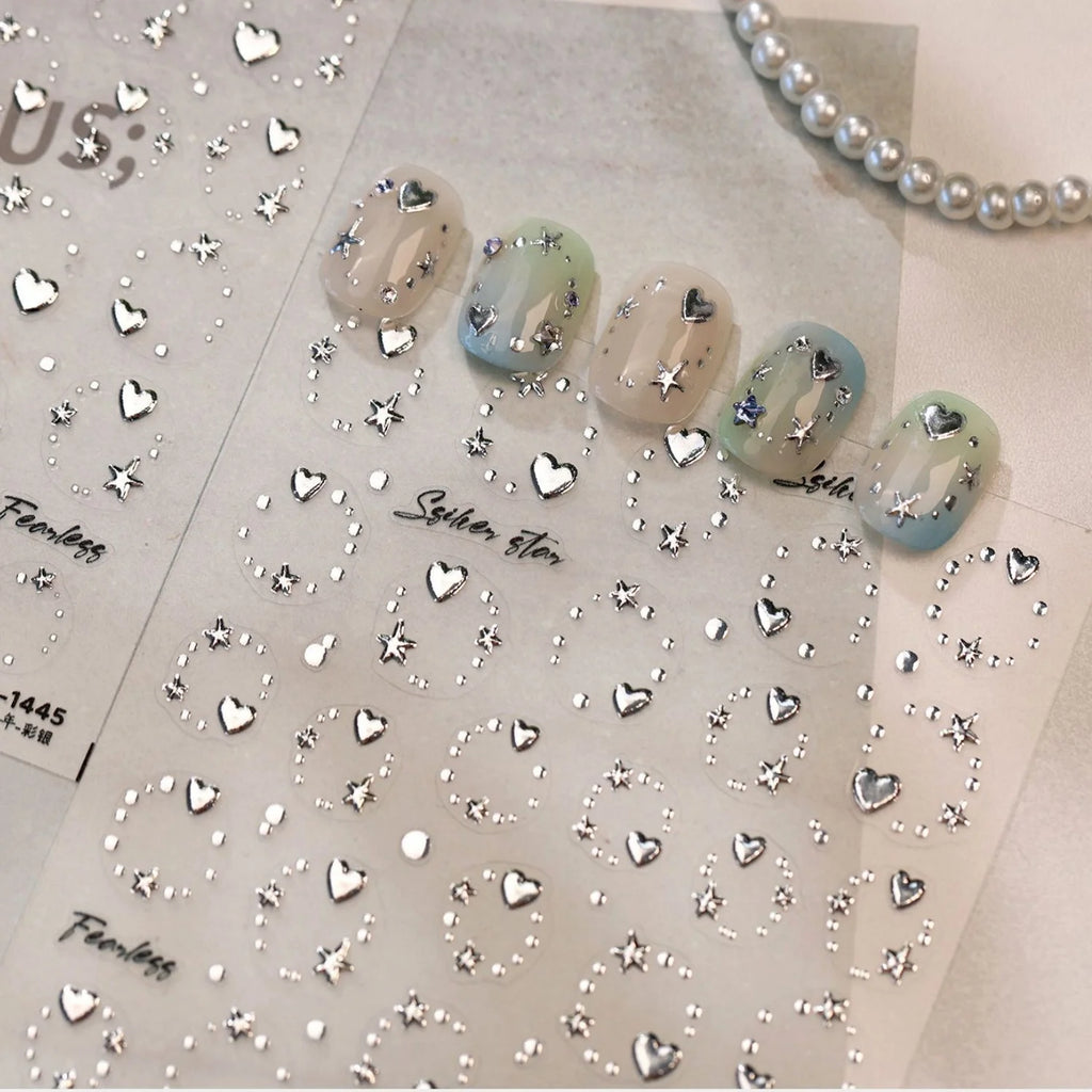 5D Silver Star & Heart Nail Art Stickers – Self-Adhesive Decals Nail Art Stickers QXL
