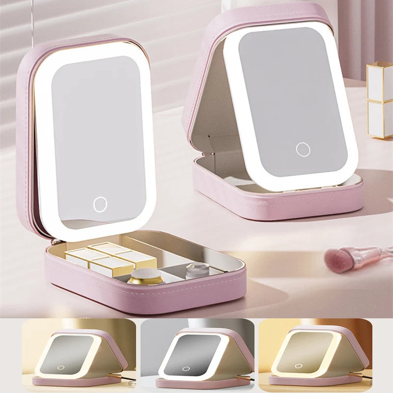 Portable Makeup Storage Box with LED Mirror | 3 Light Modes Makeup Storage Case QXL