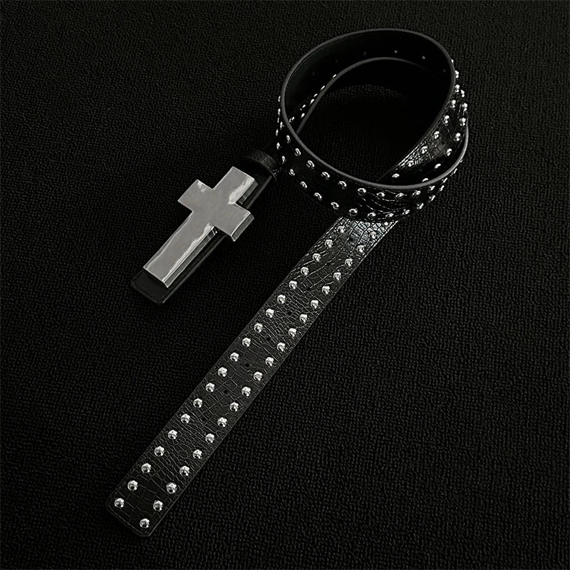 Gothic Punk Crackle Studded Cross Belt | Women's PU Wide Band Gothic Studded Belt QXL