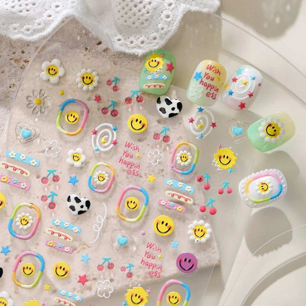 5D Nail Stickers – Smile Face, Cow Print & Daisy Decals Nail Art Stickers QXL
