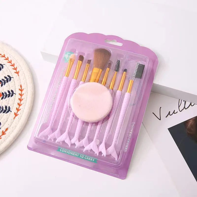 8-Pc Mini Mermaid Tail Makeup Brush Set with Powder Puff Makeup Brush Set QXL PURPLE