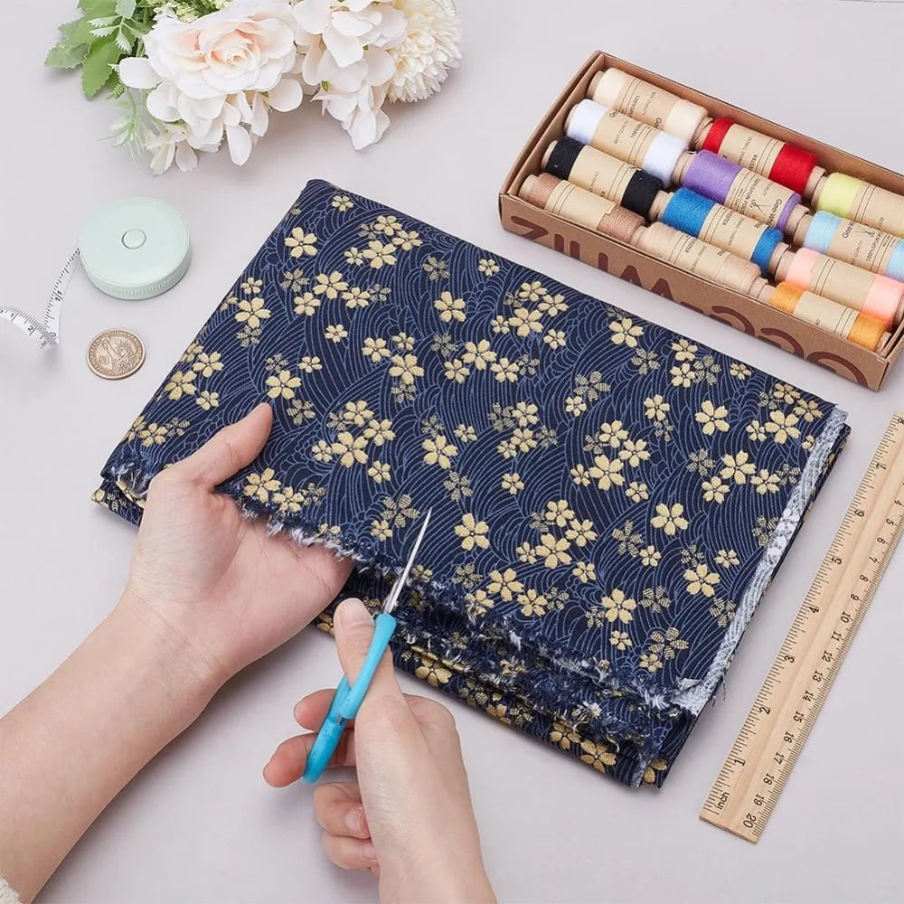 Blue Sakura Quilting Fabric 1 Yard | Gold Cherry Blossom Print Quilting Fabric QXL