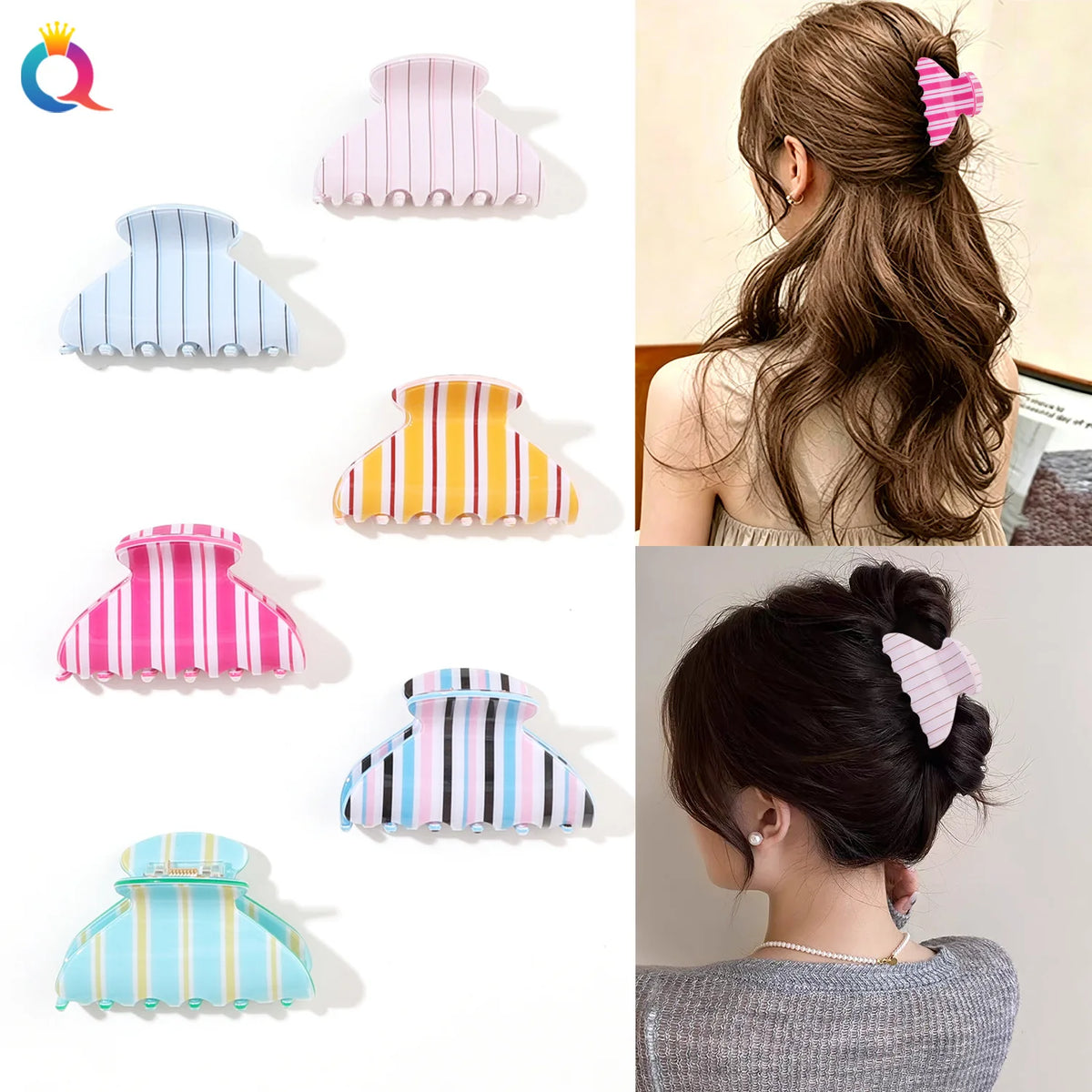 PVC Color Striped Shark Hair Claw Clip | Women's Updo Hair Claw Clip QXL