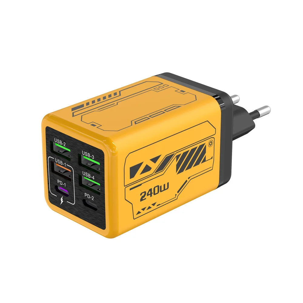 240W 6-Port USB-C PD QC3.0 Fast Charger | EU US UK Wall Plug Multi-Port Wall Charger QXL Yellow EU