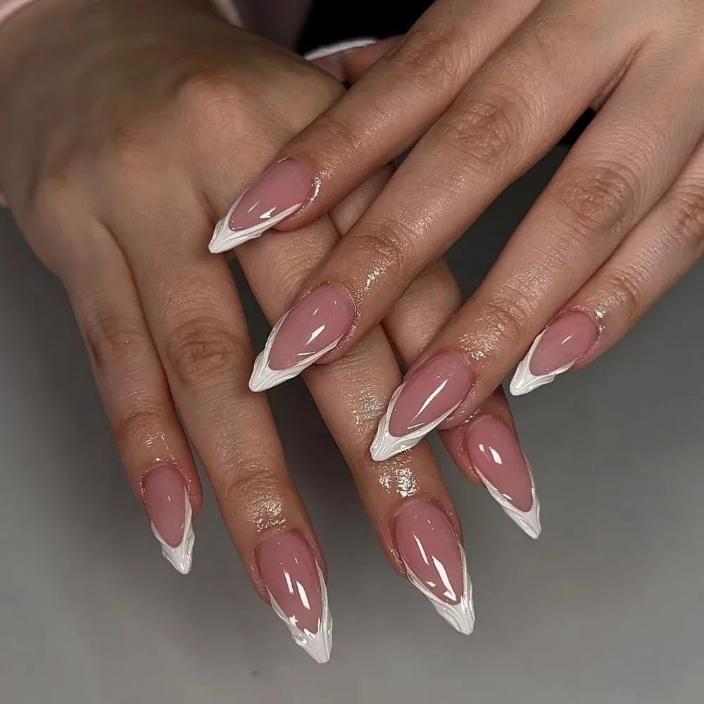 24-Pc French Almond Press-On Nails | Pink Flower False Tips Press-On Nails QXL