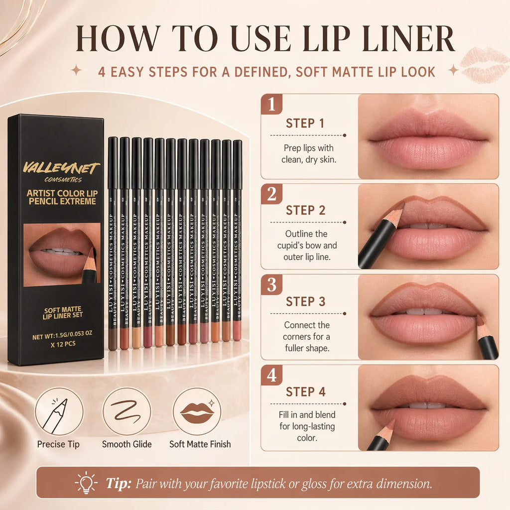 12-Piece Matte Lip Liner Set | Waterproof, Nude to Red Matte Lip Liner Set QXL