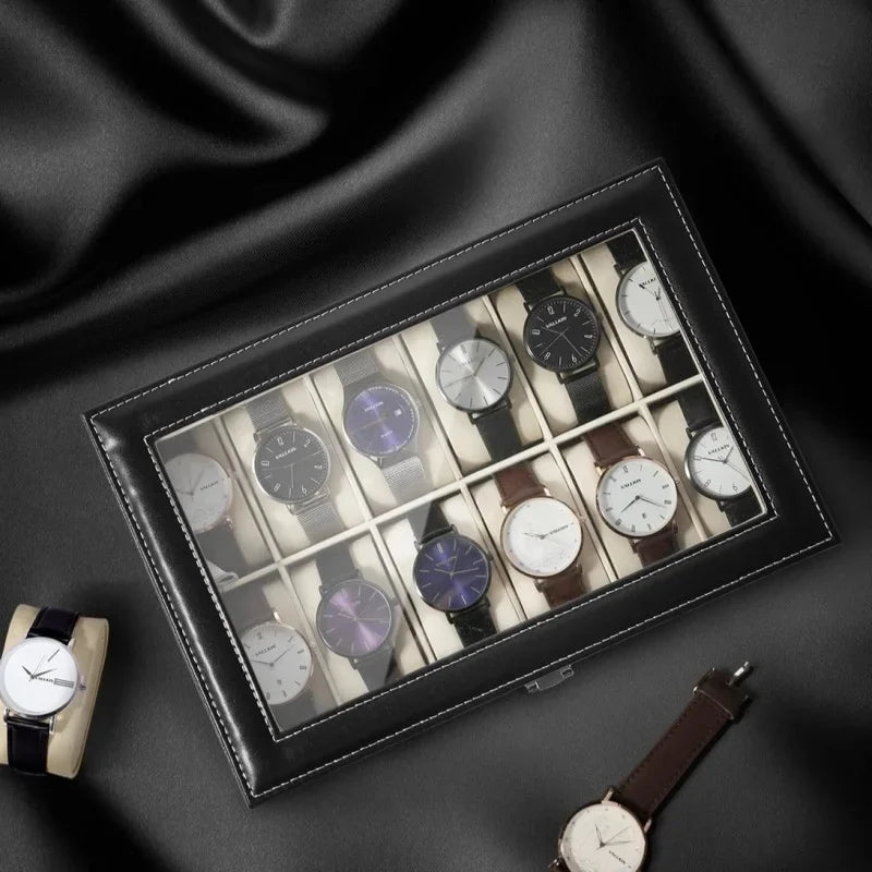 6/12 Slot PU Leather Watch Box with Glass Top Display Case Watch Display Box QXL
