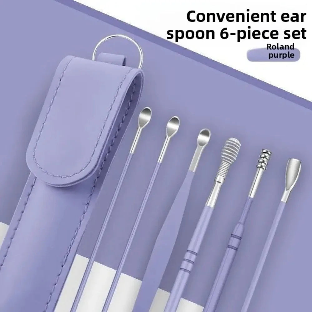6-Pc 360° Stainless Steel Ear Pick Set | Spiral Ear Spoon Ear Cleaning Tool QXL Purple