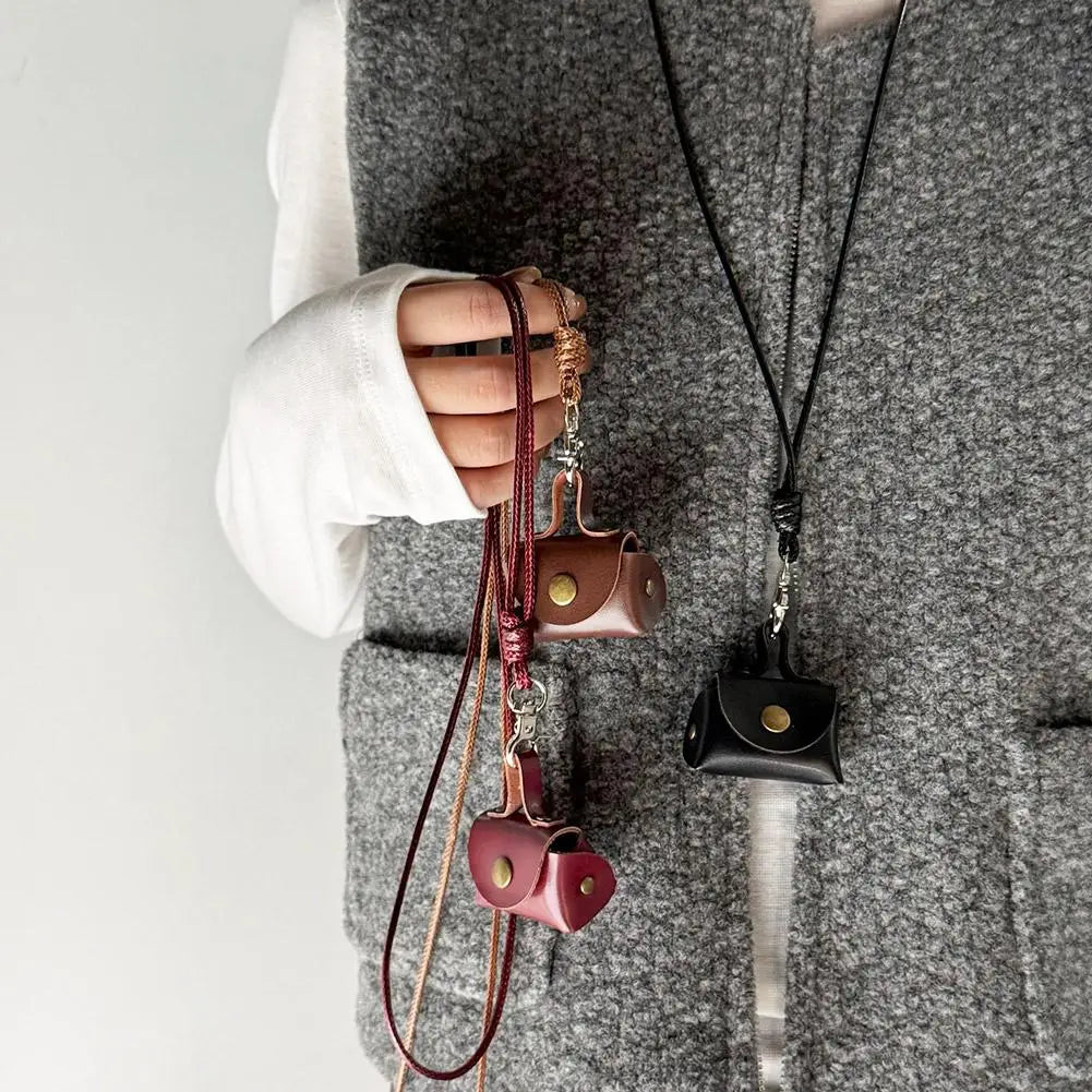 Vintage Mini Leather Coin Purse Pendant Necklace Adjustable Pendant Necklace QXL
