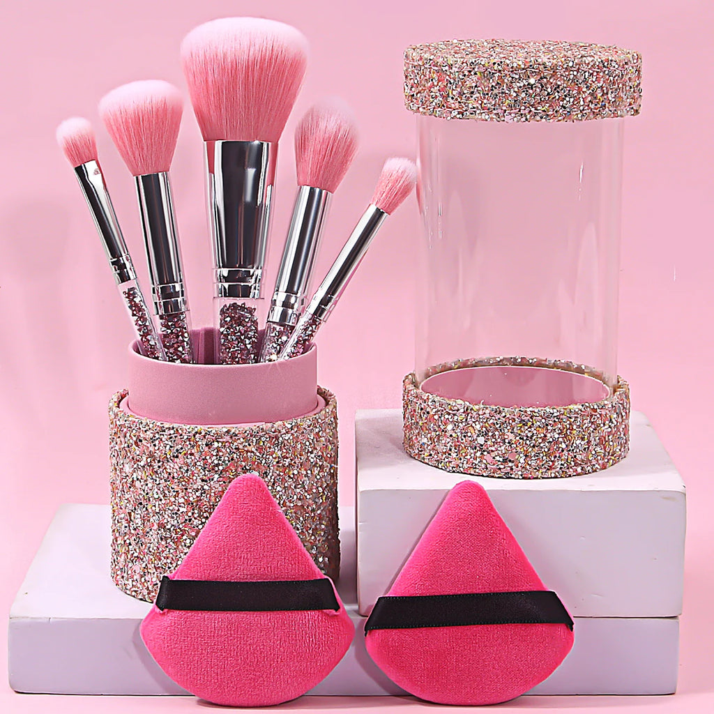 8-Piece Diamond Handle Makeup Brush Set with Puff & Storage Makeup Brush Set QXL Pink
