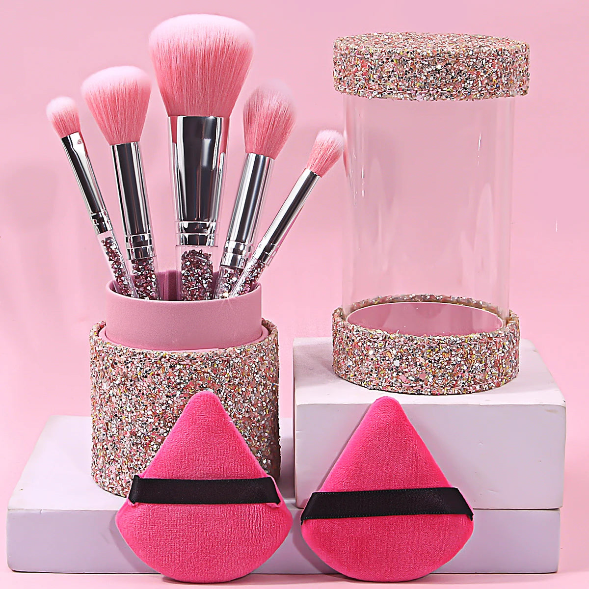 8-Piece Diamond Handle Makeup Brush Set with Puff & Storage Makeup Brush Set QXL Pink