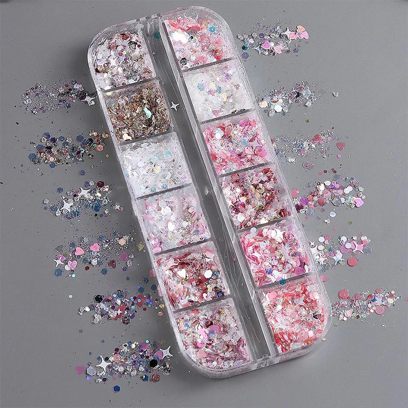 12-Grid Nail Glitter Sequin Set | Star & Heart Flakies Nail Glitter Set QXL