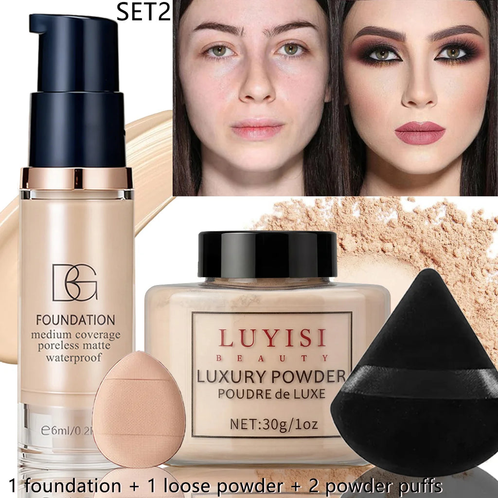 4-Pc Face Base Set: Foundation, Loose Powder & Puffs Foundation Makeup Set QXL