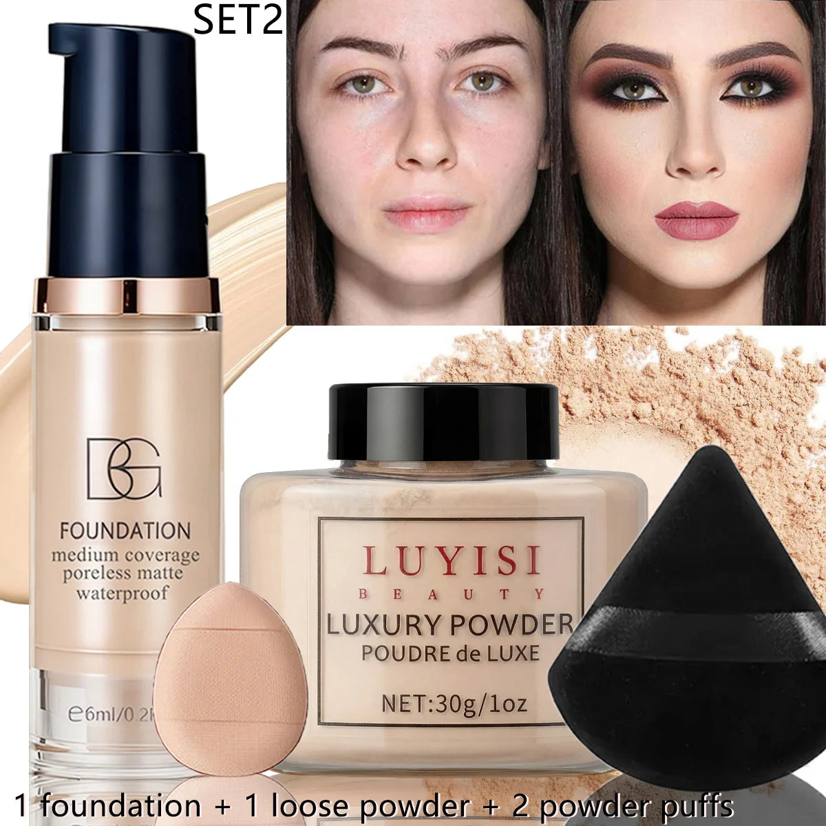 4-Pc Face Base Set: Foundation, Loose Powder & Puffs Foundation Makeup Set QXL
