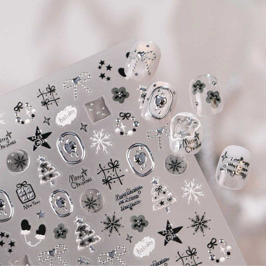 Christmas 5D Nail Stickers – Silver Snowflake & Tree Decals Nail Art Stickers QXL
