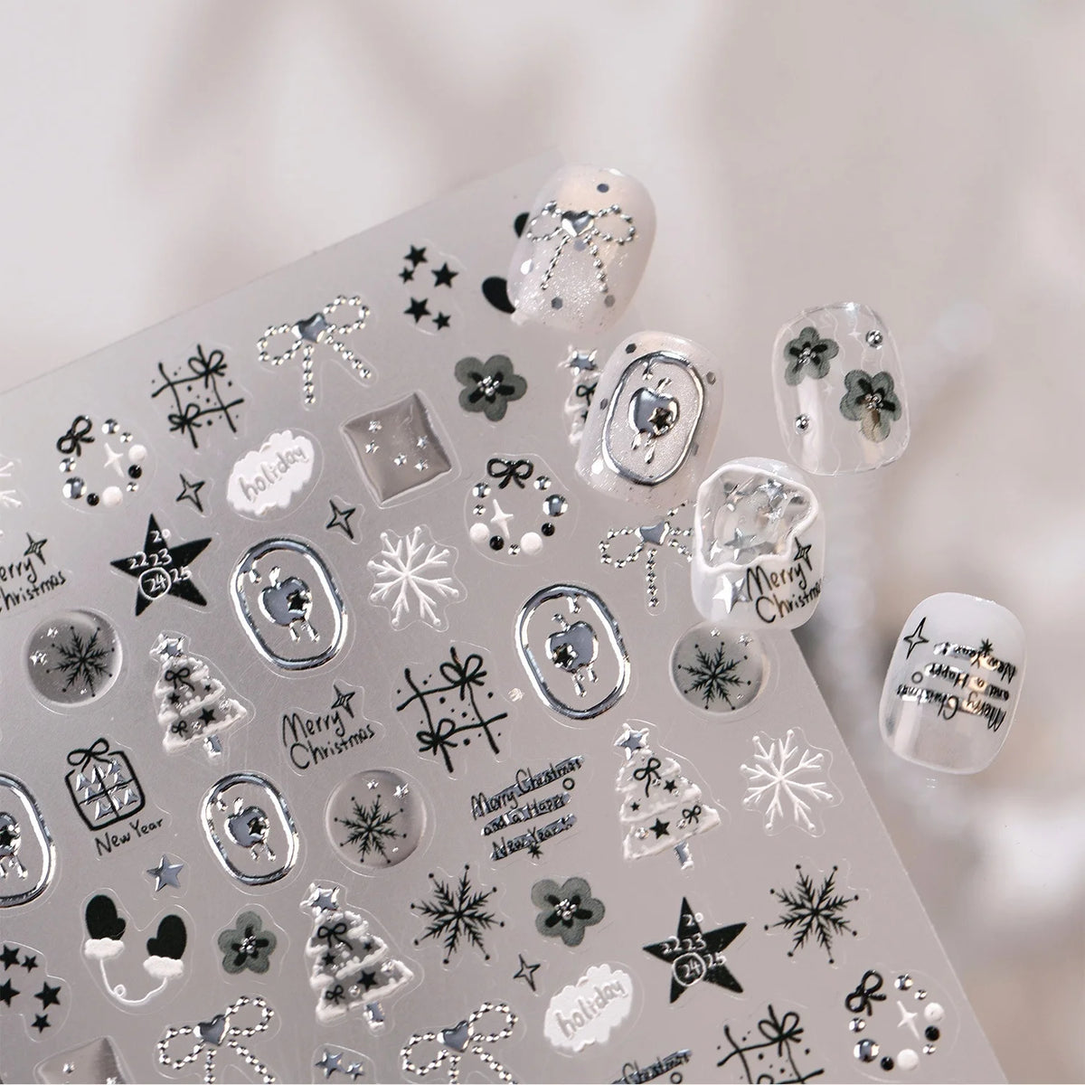 Christmas 5D Nail Stickers – Silver Snowflake & Tree Decals Nail Art Stickers QXL