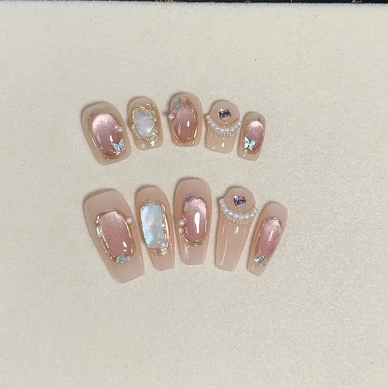 Cat Eye Baroque Press-On Nails | Handmade Shell Design Set Press-On Nail Set QXL M China Mainland
