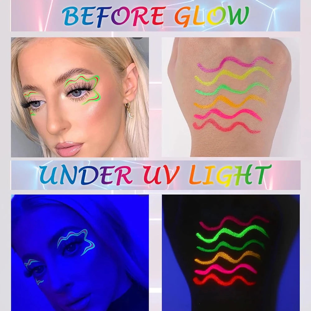 6-Pack Neon UV Glow Liquid Eyeliner Set | Waterproof Rave Party UV Glow Eyeliner Set QXL