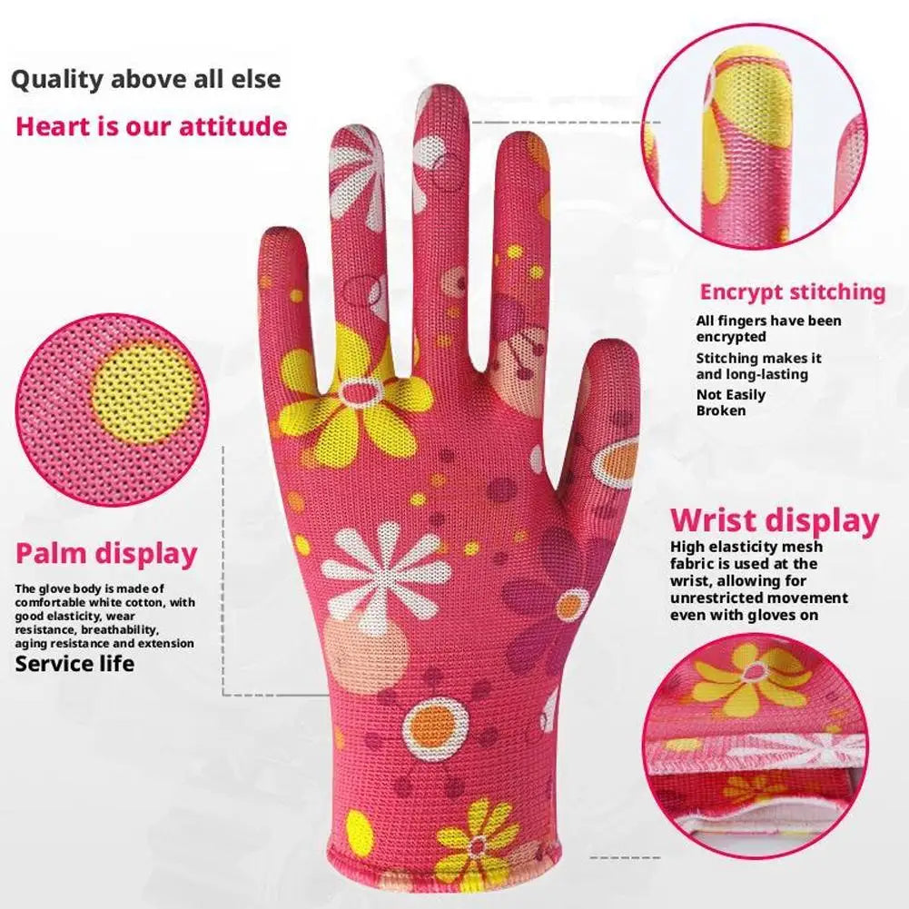 12-Pack Women's Non-Slip Palm-Coated Floral Garden Gloves Garden Work Gloves QXL
