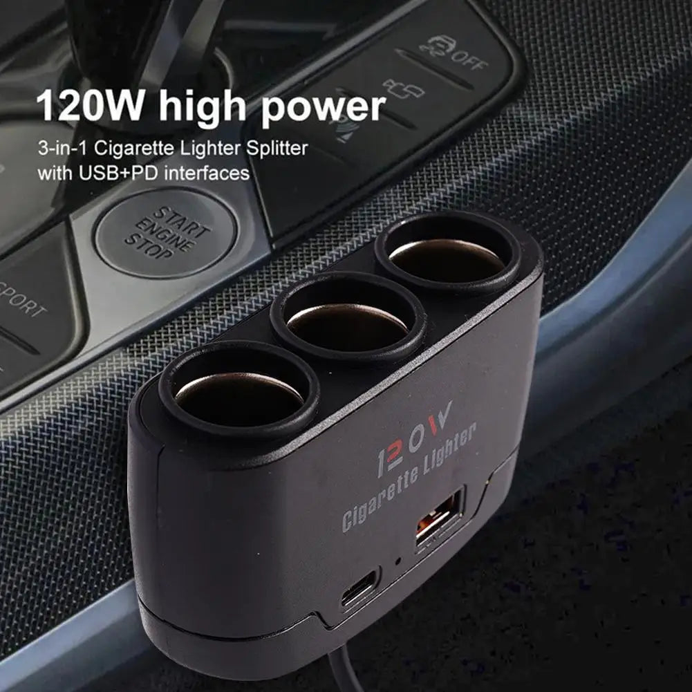 3-Way Car Cigarette Lighter Splitter 120W Dual USB Fast Charge Car Charger Splitter QXL