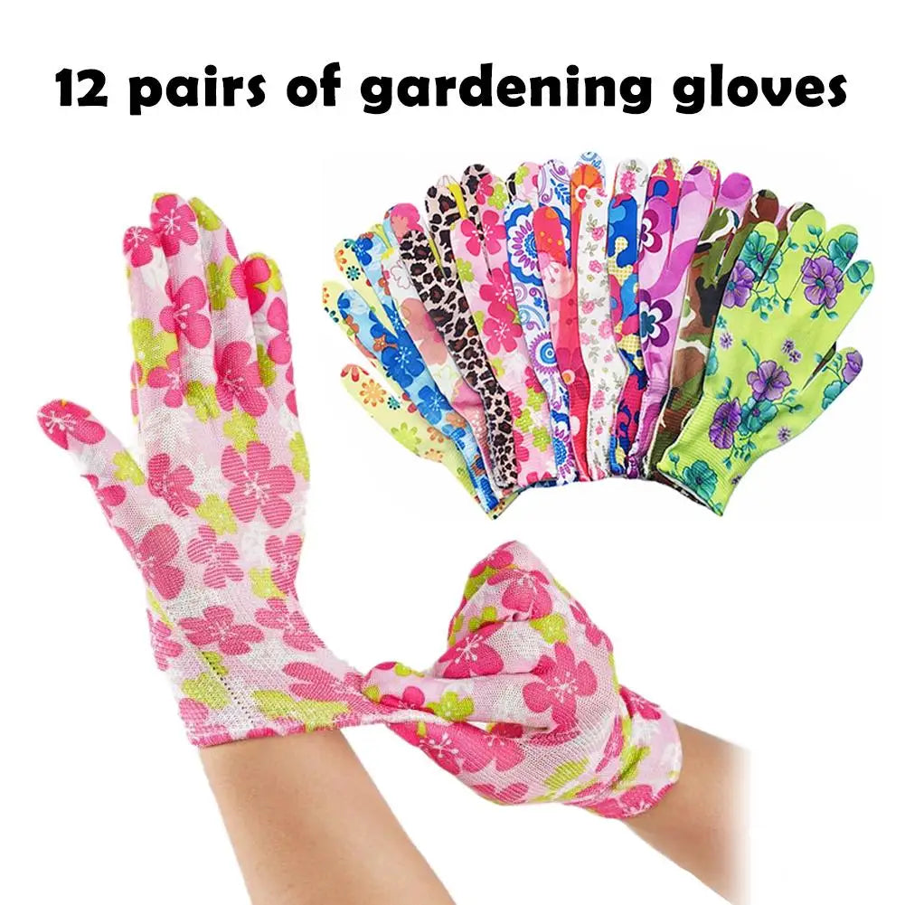 12-Pack Women's Non-Slip Floral Garden Gloves | Nitrile Palm Garden Work Gloves QXL