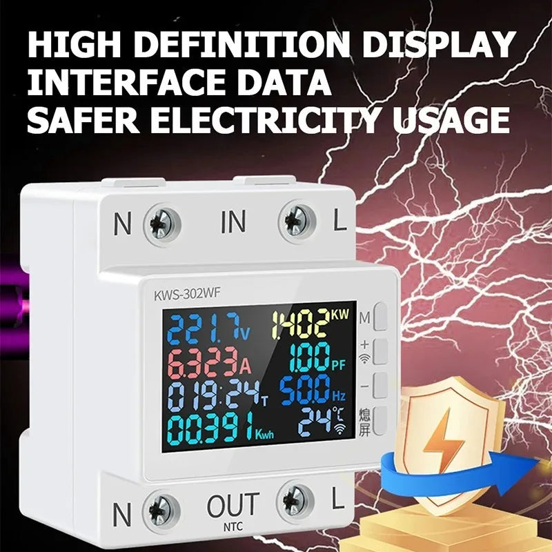 8-in-1 AC Power Meter 63A | kWh, Volts, Watts & WiFi Control AC Energy Power Meter QXL