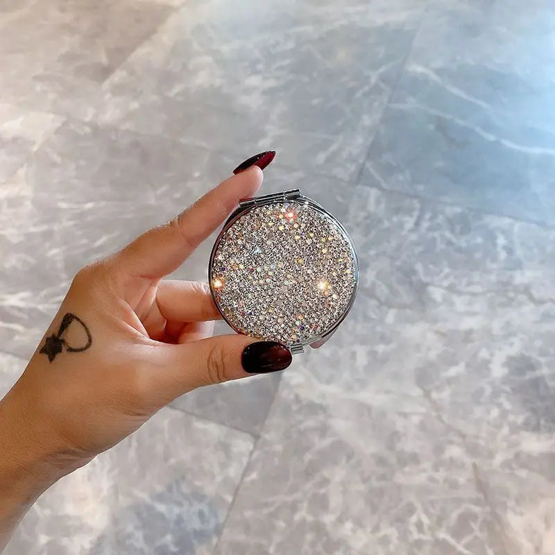 Diamond Double-Sided Portable Mini Round Makeup Mirror Portable Makeup Mirror QXL