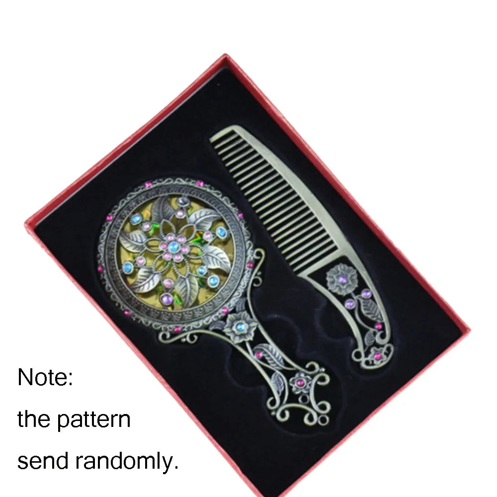 Vintage Retro Compact Makeup Mirror & Comb Set | Alloy Floral Compact Vanity Mirror QXL Bronze