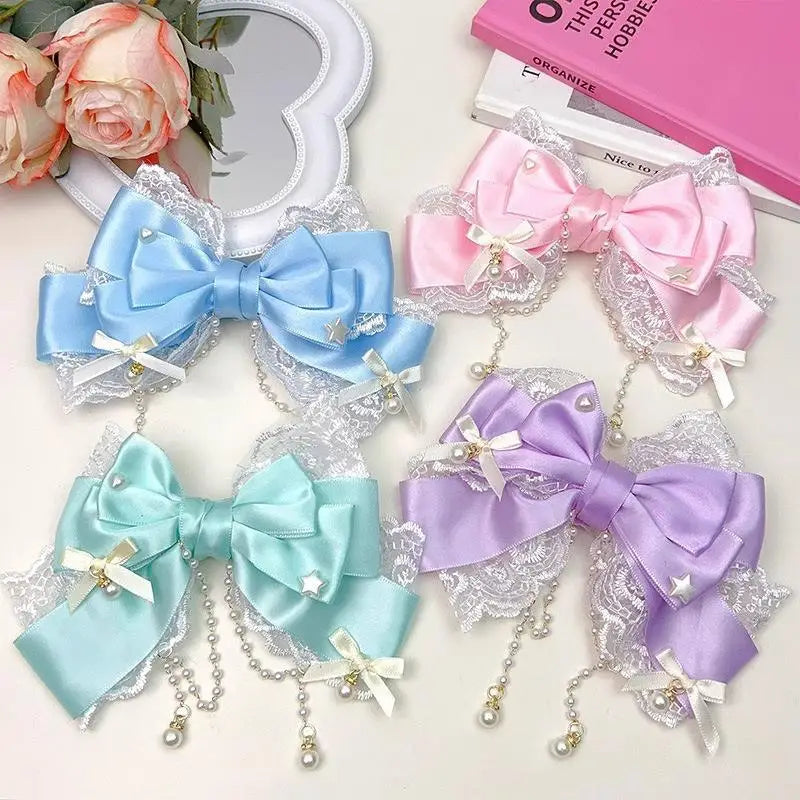 Lolita Pink Bow Hair Clip | Lace Pearl Princess Headpiece Lolita Hair Clip QXL