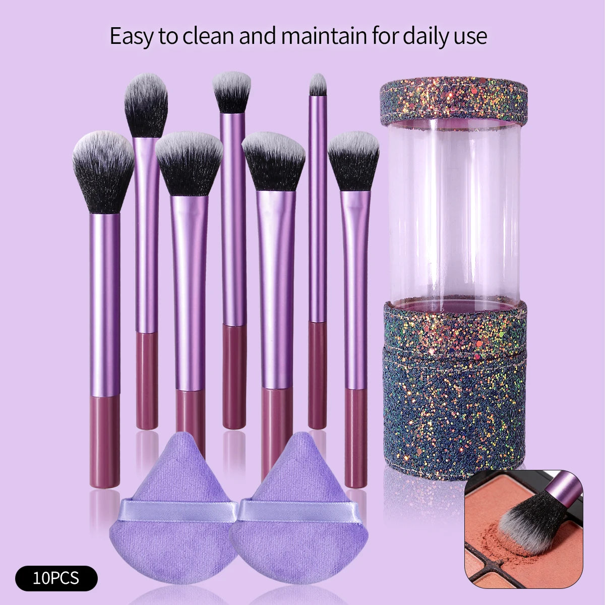 10-Pc Purple Makeup Brush Set with Powder Pads & Storage Makeup Brush Set QXL PURPLE