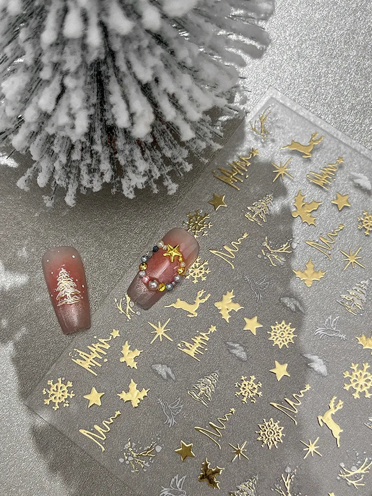 Christmas 5D Gold Foil Nail Stickers – Reindeer & Snowball Nail Art Stickers QXL