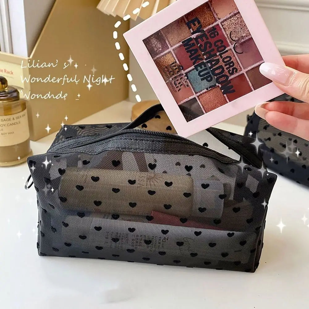 Heart Mesh Makeup Bag – Portable Cosmetic Organizer Black Pink Cosmetic Organizer Bag QXL